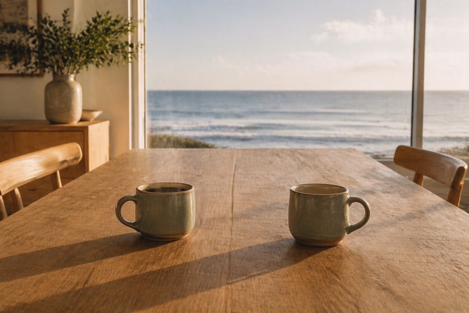 Zwei Tassen stehen auf einem Holztisch vor einem Fenster mit Blick auf das Meer.